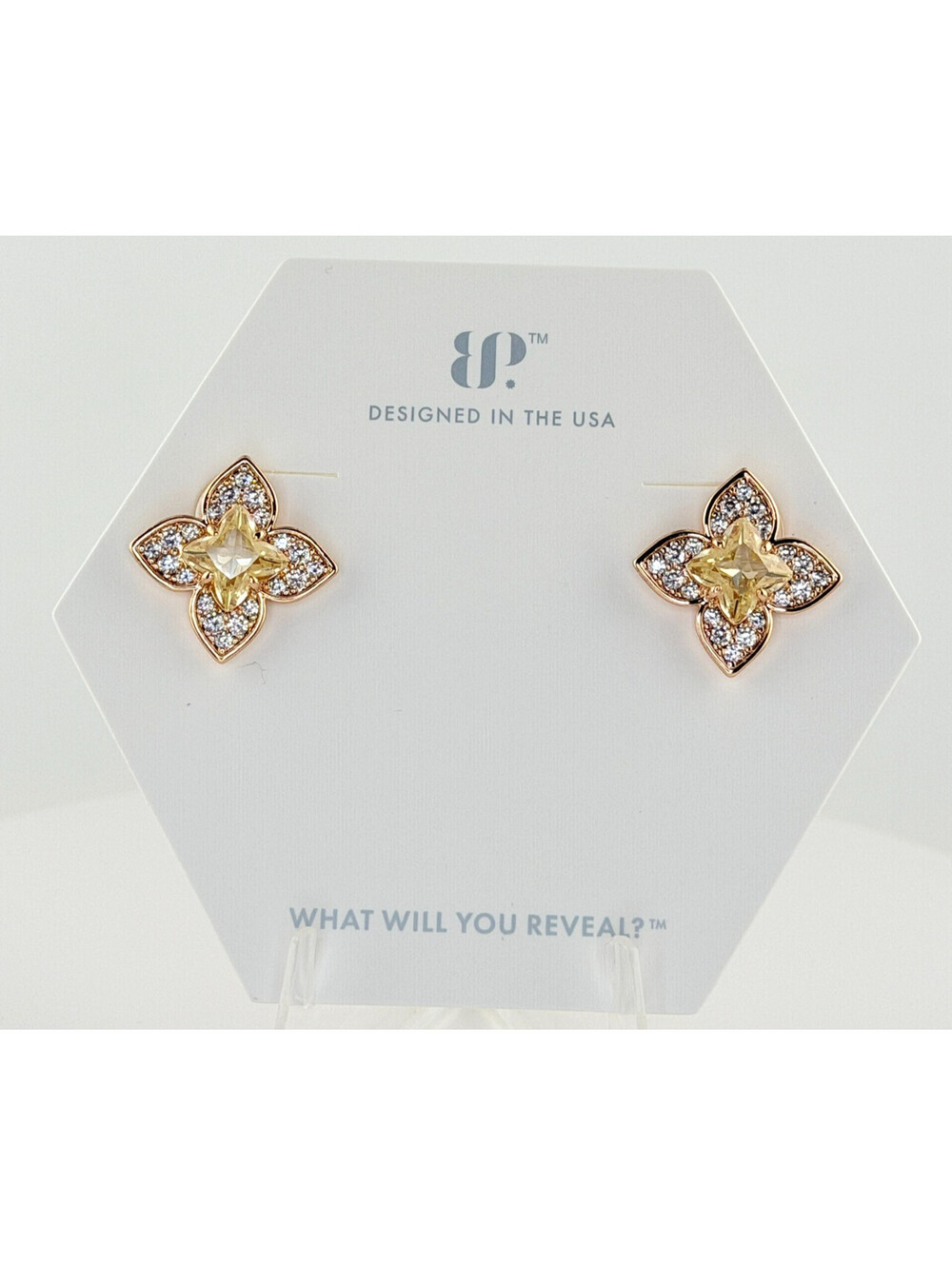 Bomb Party Earrings Studs "Clovering Up" Lemon Cz on Rose Gold ER44569 Clover
